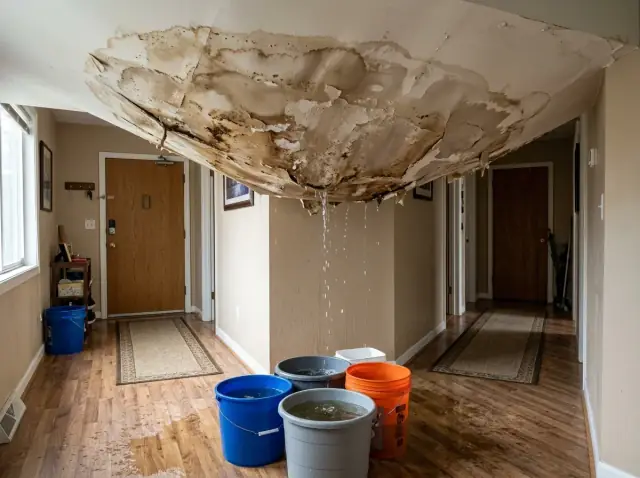 Burst pipe in ceiling causing drywall bulge and water damage