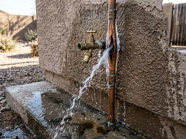Frozen and burst copper pipe on Fresno home exterior wall