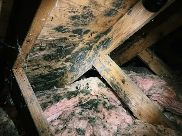 Attic roof rafters mold growth in Fresno