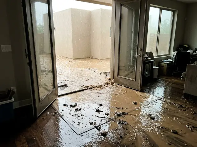 Exterior floodwater entering building in Fresno CA