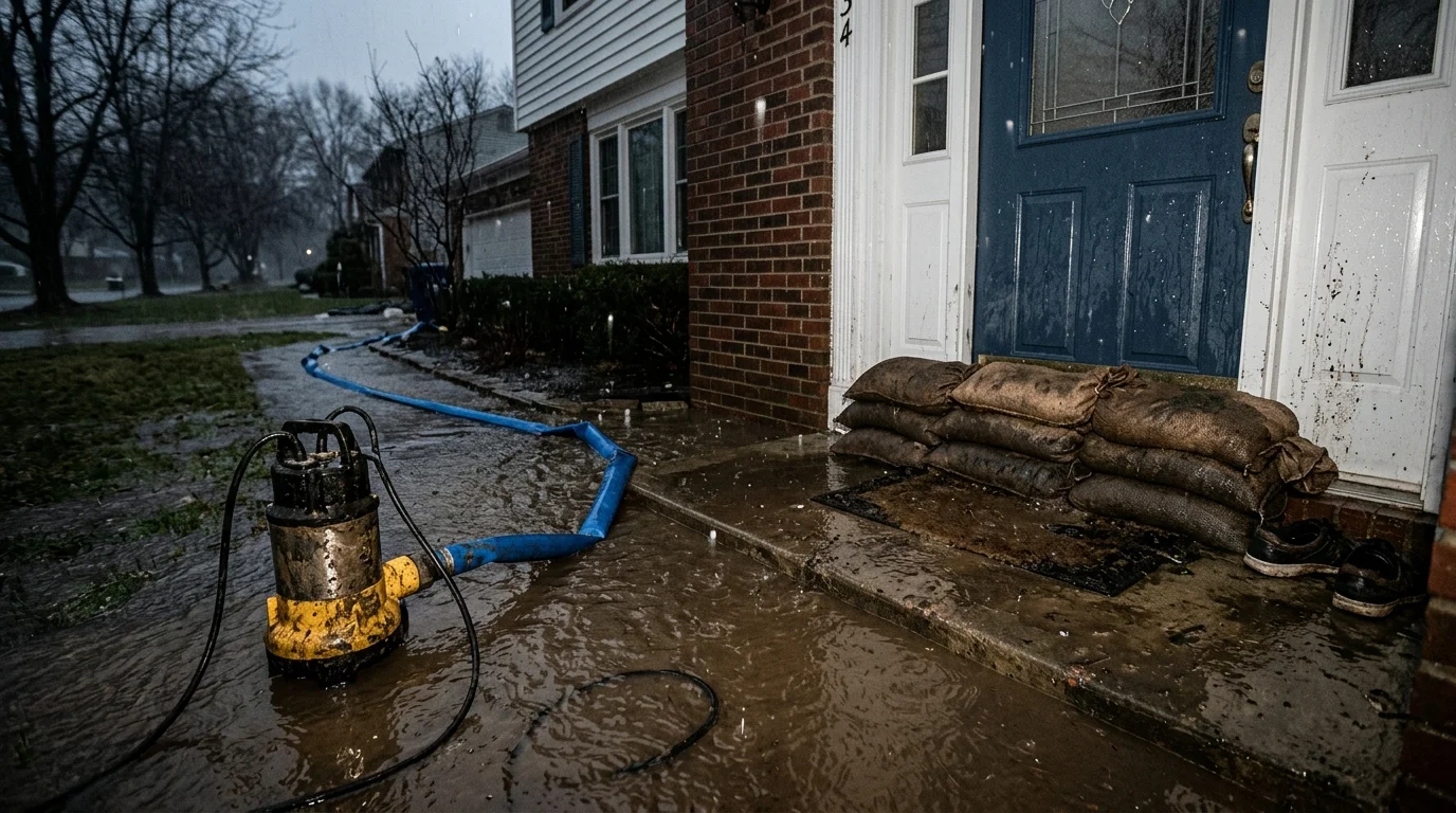 High-capacity stormwater extraction and drying air movers deployed in a flooded Fresno residential property