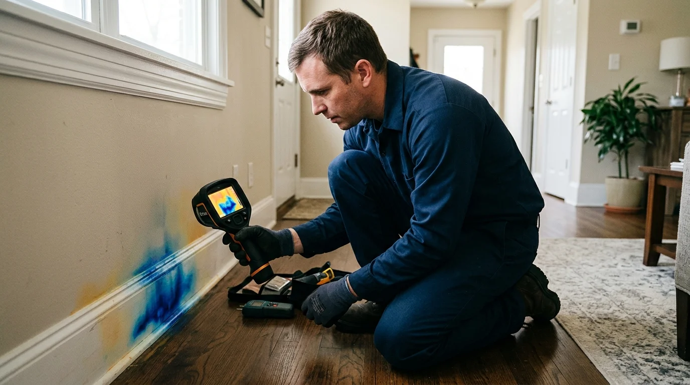 Thermal imaging camera inspecting hidden concrete slab leak and wall cavity moisture in a Fresno home