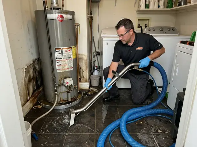 Water extraction from leaking water heater in Fresno utility room