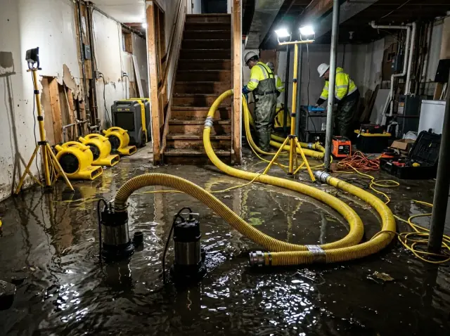 Flooded basement water pumping with submersible pumps in Fresno CA